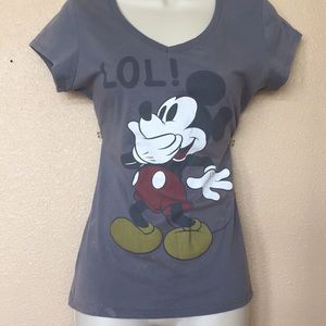 Mickey Mouse Gray Distressed LOL V neck T-shirt